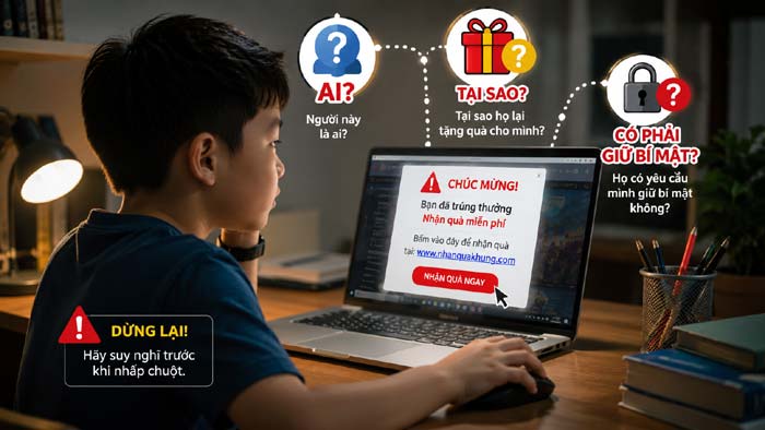 Bạn nhỏ đang học bài nhận được link lạ chào mời bấm vào tặng quà
